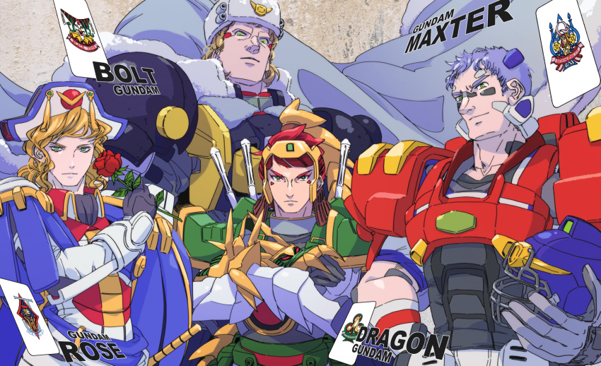 4boys 8823 american_football_helmet arm_guards armor bicorne black_gloves blonde_hair blue_cape bolt_gundam cape character_name closed_mouth crossed_arms dragon_gundam epaulettes facepaint flower fur_hat g_gundam gloves green_eyes gundam gundam_maxter gundam_rose hand_on_hip hat height_difference helmet highres holding holding_flower holding_helmet humanization looking_at_viewer male_focus medium_hair multiple_boys power_armor purple_hair redhead rose short_hair smile ushanka v-shaped_eyebrows white_gloves