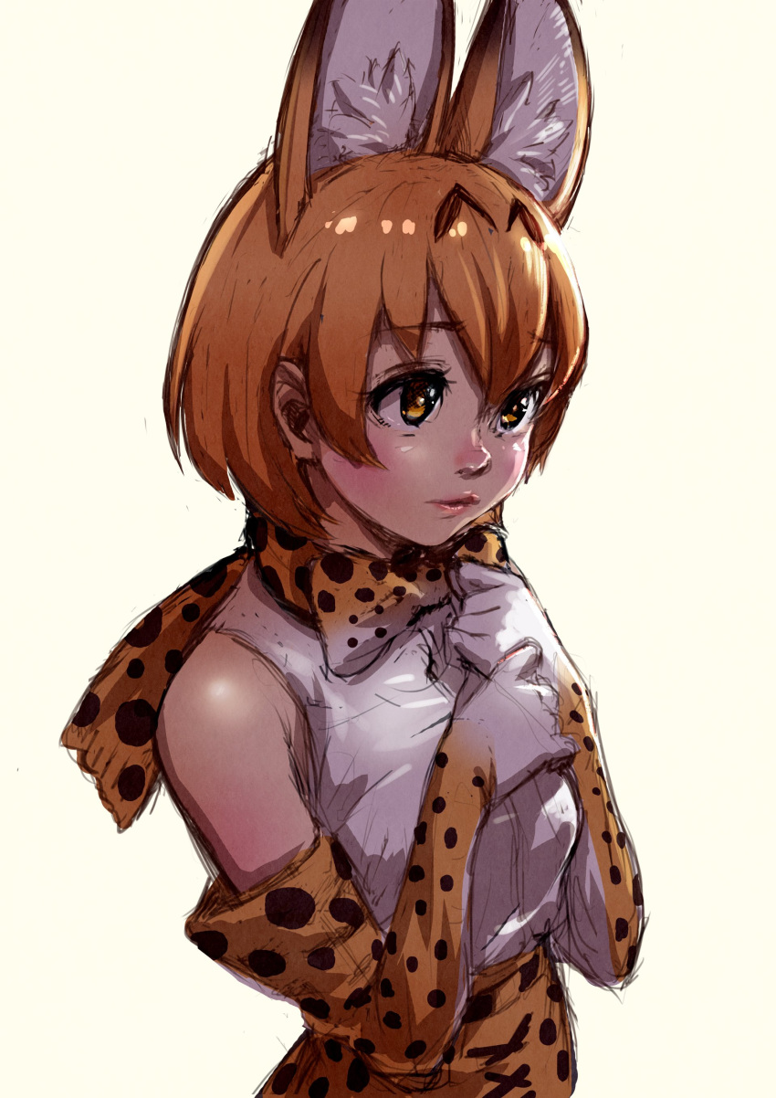 1girl absurdres animal_ears blonde_hair blush bow bowtie elbow_gloves extra_ears gloves hair_between_eyes hands_on_own_chest highres kemono_friends multicolored multicolored_clothes multicolored_gloves multicolored_neckwear print_gloves print_neckwear serval_(kemono_friends) serval_ears serval_print short_hair simple_background sketch sleeveless solo takami_masahiro white_gloves white_neckwear yellow_eyes yellow_gloves yellow_neckwear