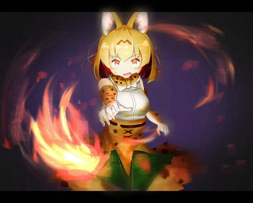 1girl animal_ears belt blonde_hair bow bowtie elbow_gloves eyebrows_visible_through_hair fire foreshortening frame gloves high-waist_skirt highres kemono_friends looking_at_viewer multicolored multicolored_clothes multicolored_gloves multicolored_neckwear paper_airplane print_gloves print_skirt serval_(kemono_friends) serval_ears shirt skirt sleeveless sleeveless_shirt solo sweatdrop tamiku_(shisyamo609) throwing white_gloves white_neckwear yellow_gloves yellow_neckwear yellow_skirt