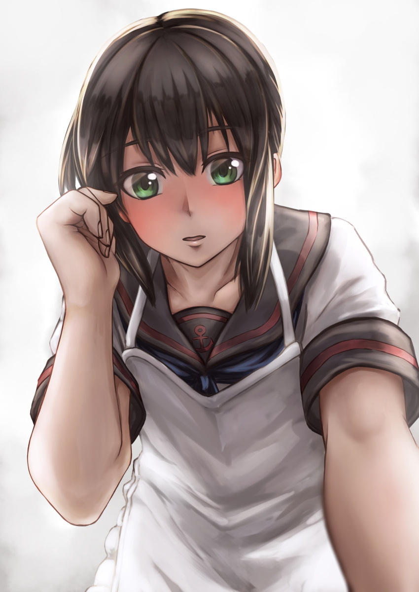 1girl aira_(qwedcxza49) apron black_hair black_sailor_collar commentary_request fubuki_(kantai_collection) green_eyes highres kantai_collection leaning_forward looking_at_viewer low_ponytail pleated_skirt ponytail pov remodel_(kantai_collection) sailor_collar school_uniform serafuku short_ponytail sidelocks skirt solo white_apron