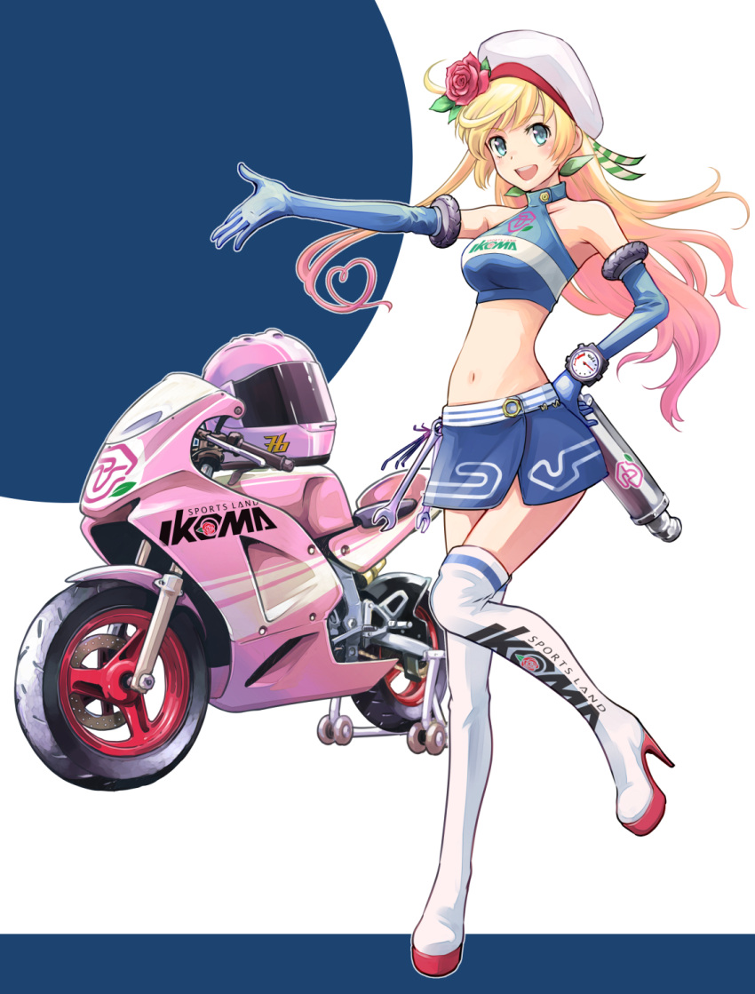 1girl :d blonde_hair blue_eyes blue_gloves blue_skirt boots breasts elbow_gloves flower full_body gloves green_ribbon ground_vehicle hair_flower hair_ornament hair_ribbon hat helmet high_heel_boots high_heels highres honda large_breasts long_hair looking_at_viewer midriff motor_vehicle motorcycle motorcycle_helmet navel one_side_up open_mouth original outstretched_arm pink_helmet racequeen ribbon rose saitou_sakae shirt simple_background skirt sleeveless sleeveless_shirt smile solo thigh-highs thigh_boots timer very_long_hair white_hat white_legwear wrench