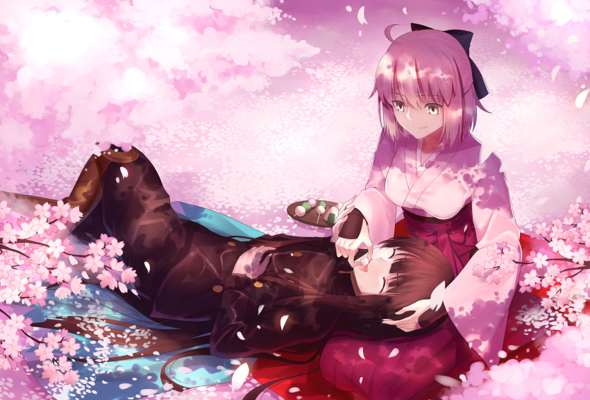 2girls :d ^_^ arm_guards bangs black_bow black_jacket black_pants blonde_hair bow breasts brown_hair cherry_blossoms closed_eyes closed_mouth dango fate/grand_order fate_(series) feeding flower food gogatsu_fukuin hair_between_eyes hair_bow hakama hand_on_another's_head hand_on_own_stomach highres jacket japanese_clothes kimono koha-ace lap_pillow long_hair long_sleeves medium_breasts multiple_girls oda_nobunaga_(fate) okita_souji_(fate) open_mouth pants petals pink_flower pink_kimono plate purple_hakama round_teeth sanshoku_dango short_kimono smile teeth tree_branch upper_teeth very_long_hair wagashi wide_sleeves yellow_eyes