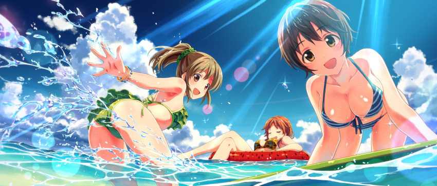 3girls :d animal_print ass bangle bikini blush bracelet breasts brown_eyes brown_hair cleavage closed_eyes clouds collarbone day eyebrows_visible_through_hair frilled_bikini frills front-tie_bikini front-tie_top green_bikini hair_ornament hair_scrunchie highres hori_yuuko horizontal_stripes idolmaster idolmaster_cinderella_girls innertube jewelry katagiri_sanae large_breasts leopard_print long_hair looking_at_viewer medium_breasts multiple_girls ocean oikawa_shizuku open_mouth outdoors partially_submerged ponytail scrunchie sexy_guilty short_hair sky smile sparkle splashing striped sunlight swimsuit wading water yuuki_tatsuya