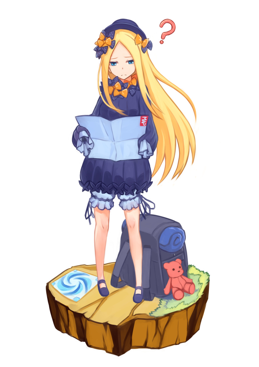 1girl ? abigail_williams_(fate/grand_order) backpack bag bangs black_bow black_dress black_footwear black_hat blonde_hair bloomers blue_eyes bow bug butterfly closed_mouth commentary_request dress fate/grand_order fate_(series) forehead hair_bow hat hibun_tsukasa highres holding holding_map insect long_hair long_sleeves map orange_bow parted_bangs polka_dot polka_dot_bow shoes simple_background sleeves_past_fingers sleeves_past_wrists solo standing stuffed_animal stuffed_toy teddy_bear underwear very_long_hair white_background white_bloomers
