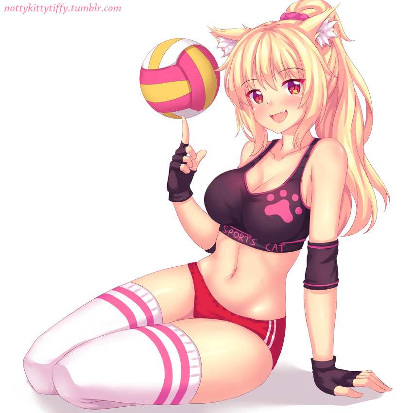 1girl animal_ears arm_support ball blonde_hair blush breasts buruma cat_ears elbow_pads eyebrows_visible_through_hair fast-runner-2024 fingerless_gloves gloves highres large_breasts long_hair looking_at_viewer midriff navel open_mouth original ponytail red_eyes sitting solo sports_bra thigh-highs tiffy watermark web_address white_background
