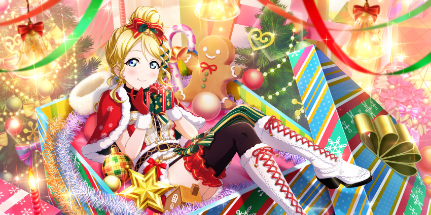 ayase_eli blonde_hair blue_eyes blush christmas dress long_hair love_live!_school_idol_festival_all_stars ponytail smile