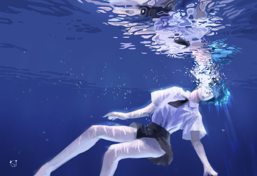 1other androgynous blue_hair gem_uniform_(houseki_no_kuni) highres houseki_no_kuni light_reflection_(water) necktie ocean phosphophyllite short_hair solo underwater water