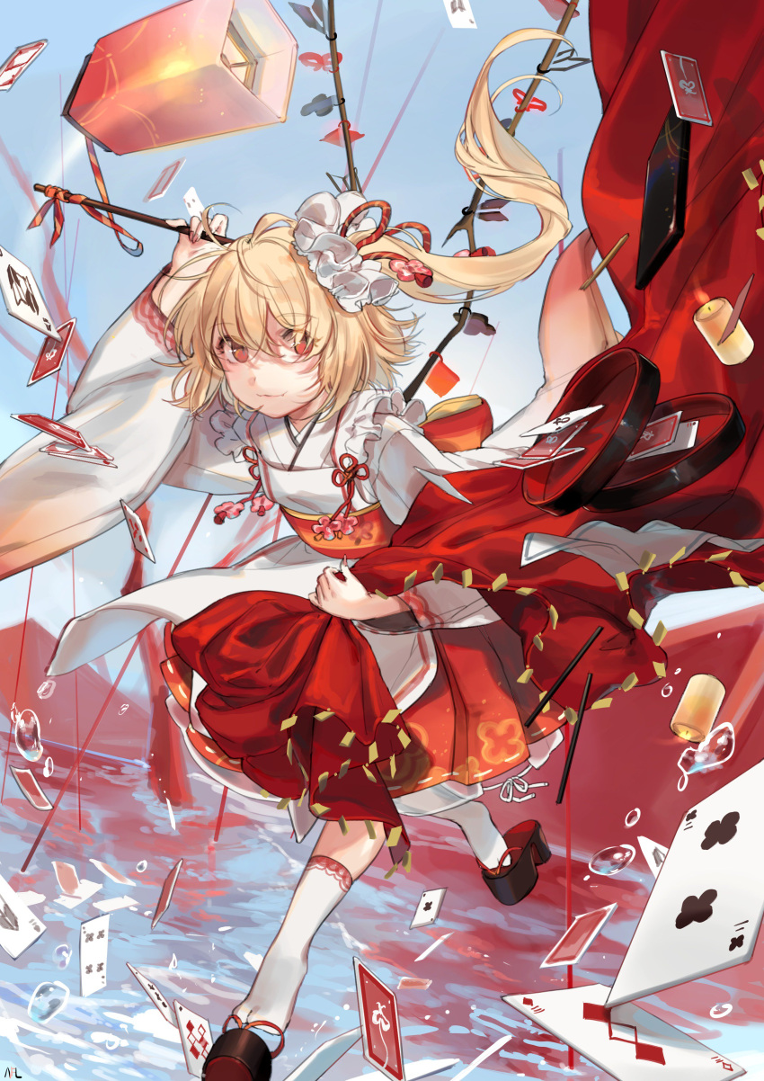 1girl absurdres alternate_costume apron black_footwear blonde_hair candle card commentary_request eyebrows_visible_through_hair flandre_scarlet frilled_apron frills full_body geta hair_ornament hair_ribbon hair_scrunchie hand_up highres holding japanese_clothes kimono lantern long_sleeves looking_at_viewer nail_polish no_hat no_headwear obi pink_nails red_eyes red_ribbon red_skirt ribbon sash scrunchie shan short_hair side_ponytail skirt solo touhou water white_apron white_kimono white_legwear wide_sleeves