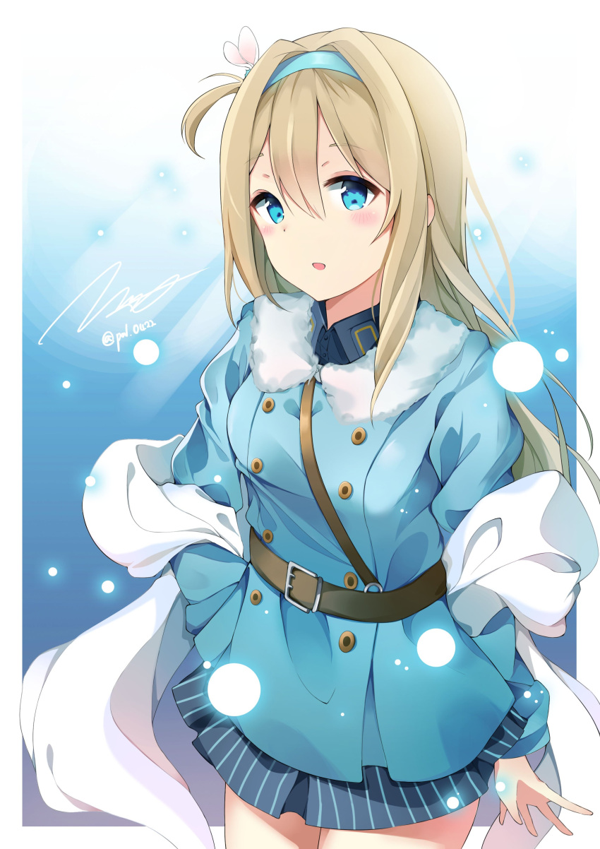 1girl absurdres bangs blonde_hair blue_coat blue_eyes blue_hairband blue_shirt blush breasts coat collared_shirt eyebrows_visible_through_hair fur-trimmed_coat fur_trim girls_frontline hair_between_eyes hair_ornament hairband hand_on_hip head_tilt highres long_hair looking_at_viewer medium_breasts open_mouth paaru shawl shirt sidelocks signature smile snowflake_hair_ornament solo suomi_kp31_(girls_frontline) thighs twitter_username