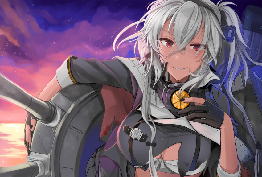 1girl black_gloves black_nails breasts brown_eyes collar dark_skin frameless glasses gloves grey_hair grey_jacket grin hair_between_eyes headgear highres jacket kantai_collection large_breasts long_hair looking_at_viewer messy_hair musashi_(kantai_collection) nail_polish partly_fingerless_gloves remodel_(kantai_collection) rigging sarashi sky sleeves_rolled_up smile smokestack solo sunset torn_clothes turret twintails upper_body very_long_hair yunamaro