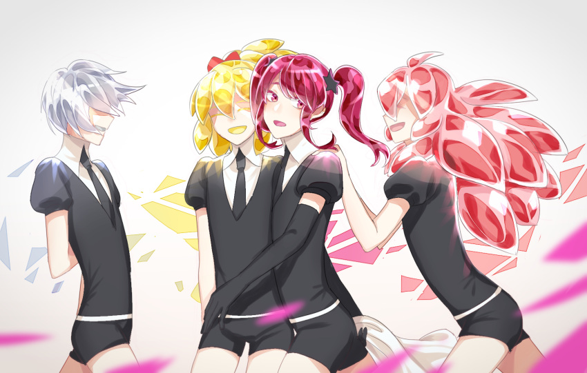4others ahoge androgynous blonde_hair closed_eyes colored_eyelashes elbow_gloves gem_uniform_(houseki_no_kuni) gloves goshenite_(houseki_no_kuni) hair_ribbon hand_on_another's_shoulder heliodor_(houseki_no_kuni) highres houseki_no_kuni long_hair morganite_(houseki_no_kuni) necktie open_mouth pink_hair red_beryl_(houseki_no_kuni) red_eyes redhead ribbon short_hair silver_hair smile spoilers twintails white_hair