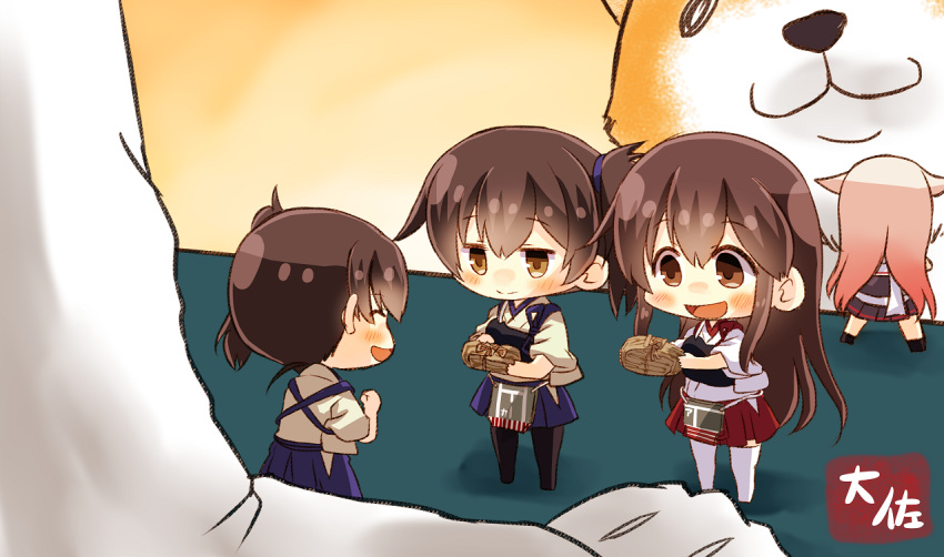 4girls :d ^_^ ^o^ akagi_(kantai_collection) animal artist_name black_legwear black_skirt blonde_hair blue_hakama brown_eyes brown_hair chibi closed_eyes dog dual_persona eyebrows_visible_through_hair hair_between_eyes hair_flaps hakama hakama_skirt holding japanese_clothes kaga_(kantai_collection) kantai_collection long_hair minigirl multiple_girls muneate open_mouth pleated_skirt red_hakama remodel_(kantai_collection) scarf short_hair side_ponytail skirt smile taisa_(kari) tasuki thigh-highs white_legwear white_scarf yuudachi_(kantai_collection)