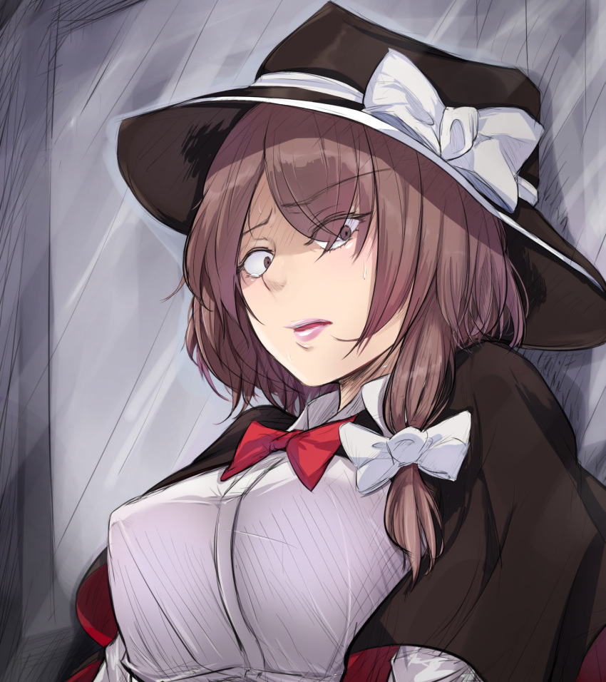 1girl black_hat bow bowtie breasts brown_hair capelet constricted_pupils hat hat_bow highres large_breasts lips lipstick looking_at_viewer makeup open_mouth pink_lips red_neckwear tearing_up touhou usami_renko usutominsutaa witch_hat