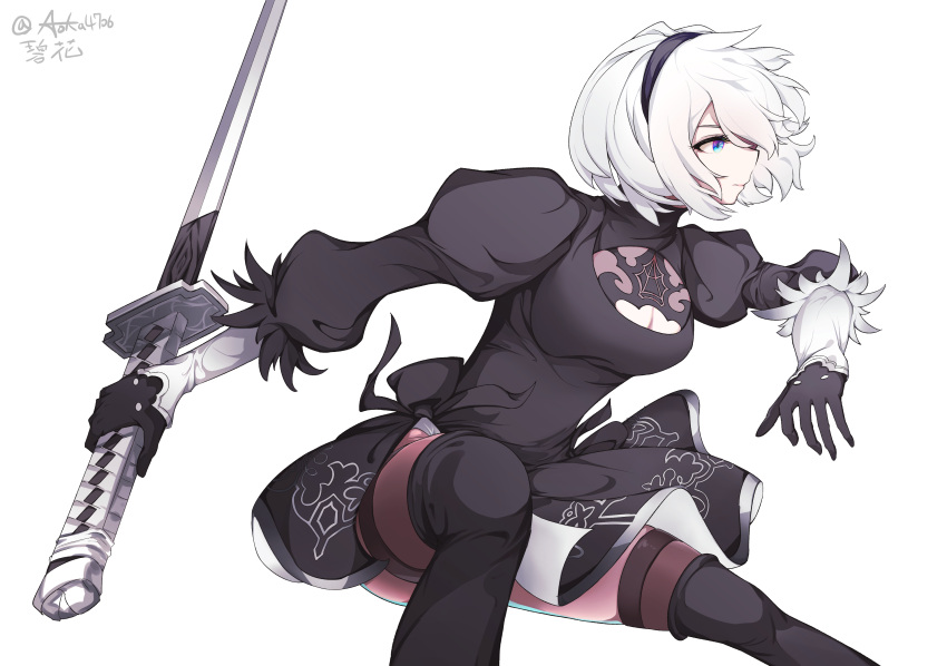 1girl absurdres akawoud black_dress black_hairband blue_eyes boots cleavage_cutout dress feather-trimmed_sleeves fighting_stance hairband high_heel_boots high_heels highres holding holding_sword holding_weapon juliet_sleeves long_sleeves nier_(series) nier_automata no_blindfold pink_lips puffy_sleeves reverse_grip signature silver_hair sword thigh-highs thigh_boots thighhighs_under_boots thighs weapon yorha_no._2_type_b