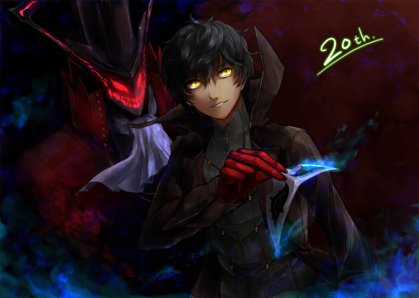 1boy amamiya_ren arsene_(persona_5) bangs black_hair gloves hair_between_eyes highres holding holding_mask looking_at_viewer male_focus mask parted_lips persona persona_5 red_gloves smile yellow_eyes