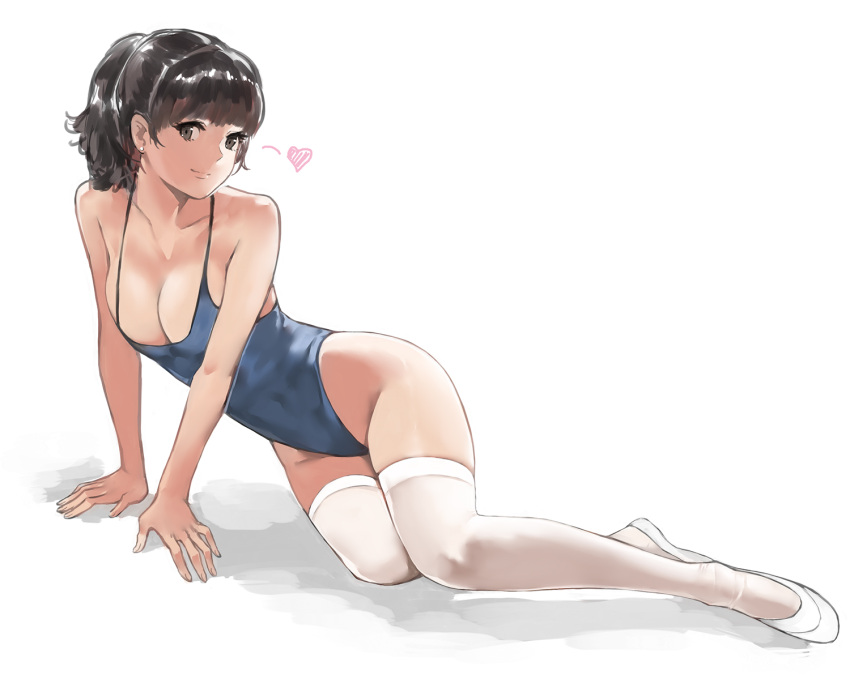 1girl black_eyes black_hair blue_swimsuit breasts casual_one-piece_swimsuit cleavage full_body highleg highleg_swimsuit looking_at_viewer medium_breasts one-piece_swimsuit original ponytail short_hair simple_background sitting solo swimsuit thigh-highs white_background white_footwear white_legwear yokozuwari zhuxiao517