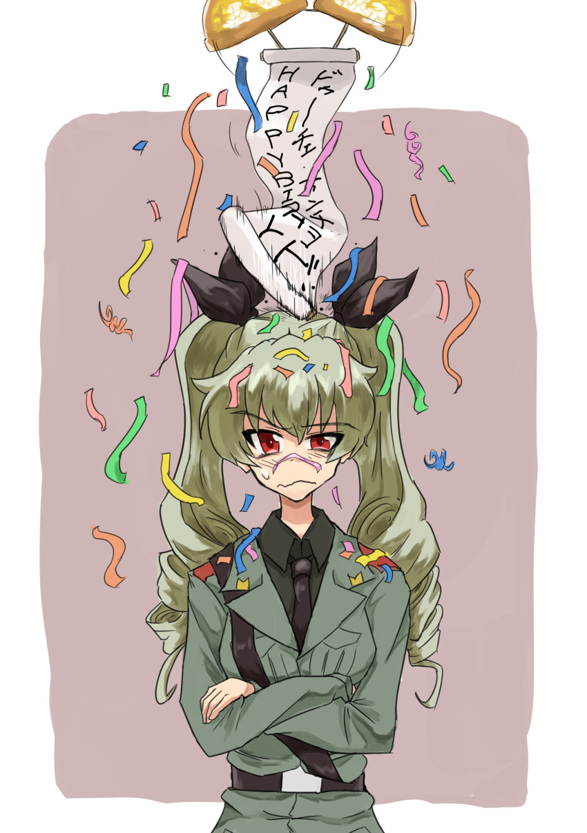 1girl absurdres anchovy anzio_military_uniform bangs belt black_belt black_neckwear black_ribbon black_shirt brown_background closed_mouth commentary confetti crossed_arms dress_shirt drill_hair english eyebrows_visible_through_hair frown girls_und_panzer green_hair grey_jacket hair_ribbon hanging_scroll happy_birthday highres jacket long_hair long_sleeves looking_at_viewer military military_uniform motion_blur necktie outside_border party_ball raised_eyebrow red_eyes ribbon sam_browne_belt scroll shirt solo standing twin_drills twintails uniform upper_body urouchi wavy_mouth
