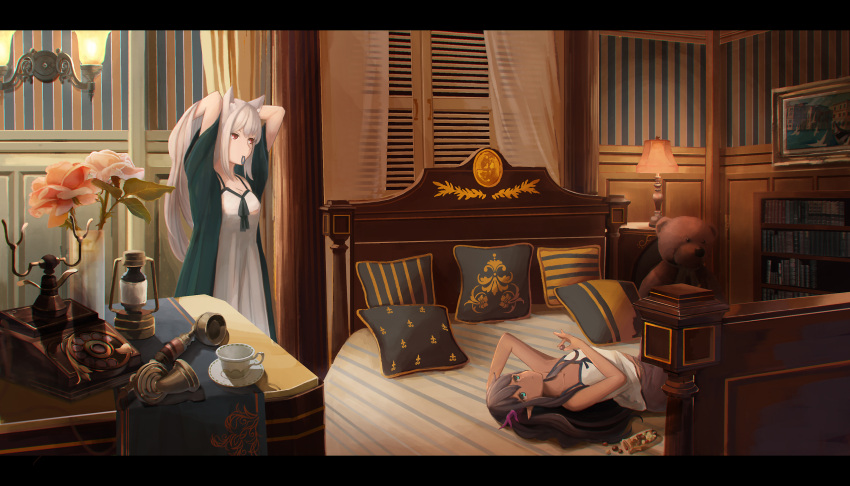 2girls absurdres adjusting_hair animal_ears bed book bookshelf breasts brown_hair cleavage collarbone cup curtains dark_skin fox_ears green_eyes grey_hair highres lamp letterboxed long_hair looking_at_another lying medium_breasts multiple_girls on_back original phone pillow plate pointy_ears red_eyes sagiri_(ulpha220) stuffed_animal stuffed_toy teacup teddy_bear very_long_hair window