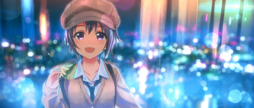 1girl :d backlighting blurry blurry_background blush bokeh cabbie_hat cardigan collarbone collared_shirt commentary_request depth_of_field eyebrows_visible_through_hair grey_eyes grey_hair hat highres idolmaster idolmaster_cinderella_girls light_rays long_sleeves looking_at_viewer necktie open_mouth otokura_yuuki shirt short_hair smile solo strap striped_neckwear upper_body yuuki_tatsuya