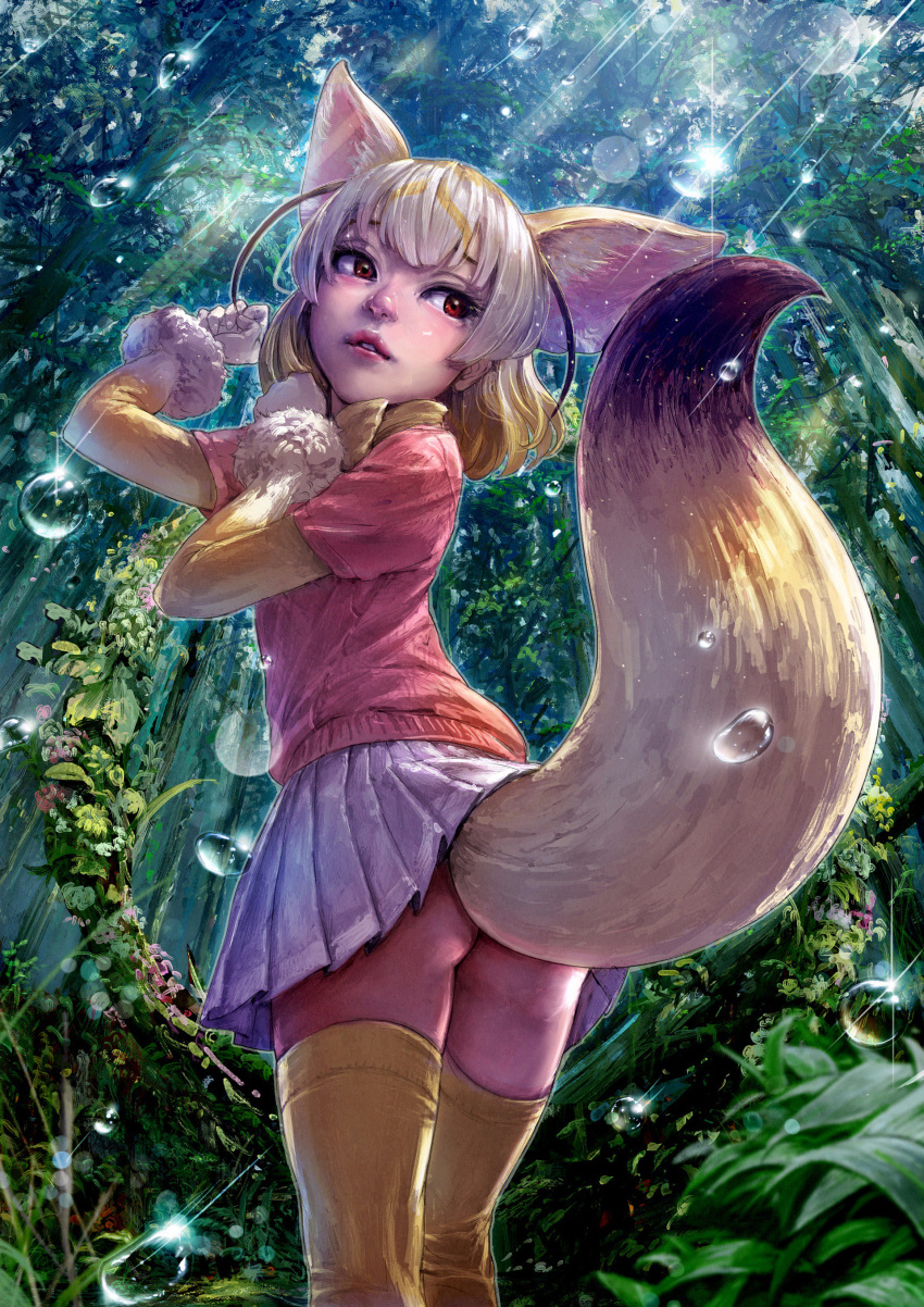 1girl absurdres animal_ears ass blonde_hair day extra_ears fennec_(kemono_friends) forest fox_ears fox_tail fur_trim gloves highres kemono_friends miniskirt nature outdoors pleated_skirt red_eyes short_sleeves skirt solo tail takami_masahiro thigh-highs water_drop white_gloves white_skirt yellow_legwear yellow_neckwear