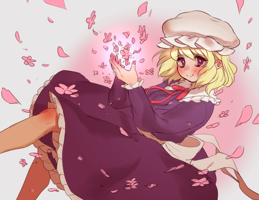 1girl bangs blonde_hair blush closed_mouth dress eyebrows_visible_through_hair flower hat highres long_sleeves looking_at_viewer maribel_hearn masanaga_(tsukasa) mob_cap purple_dress smile solo touhou violet_eyes white_hat