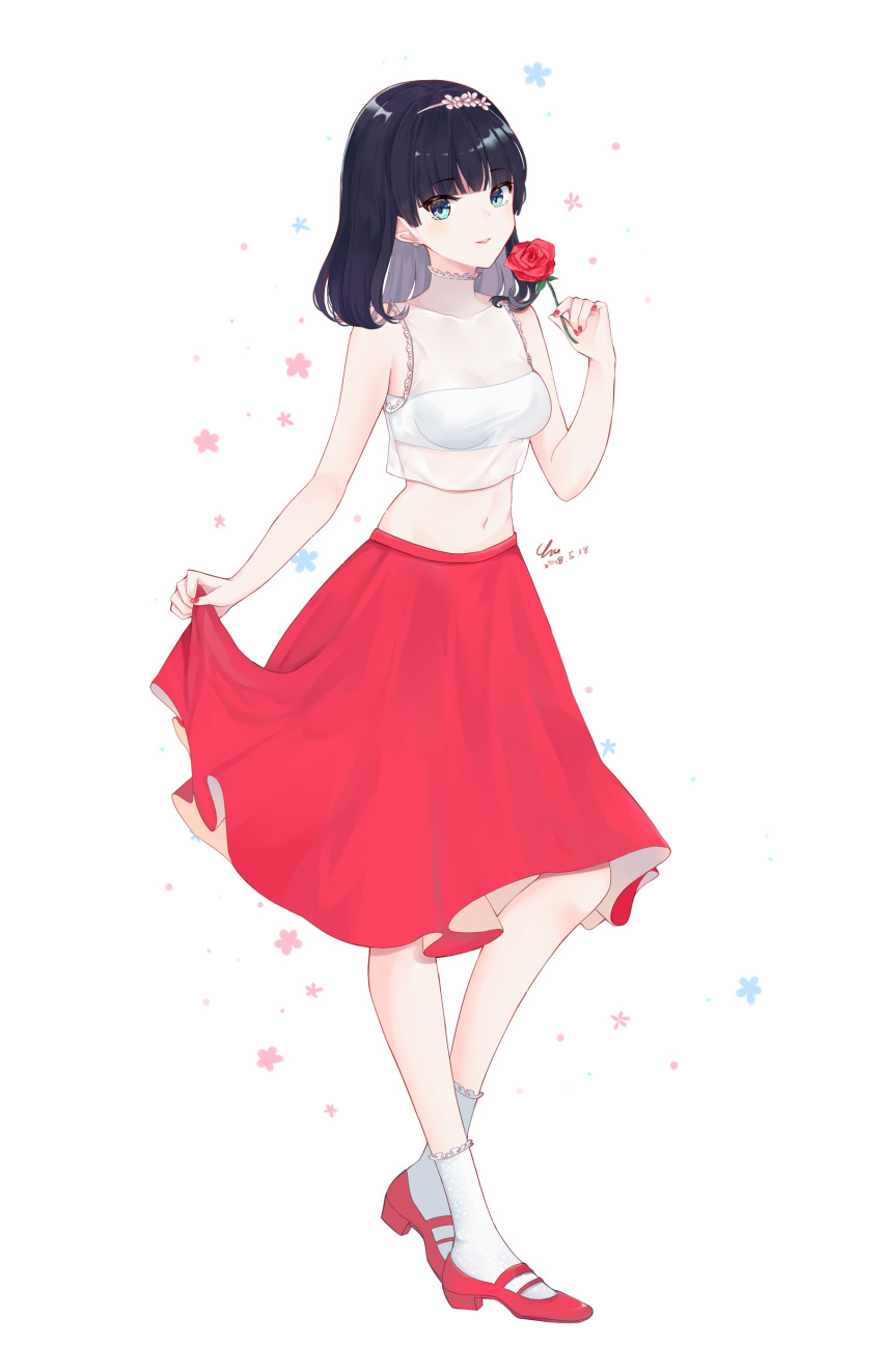 1girl 2018 absurdres bangs black_hair blue_eyes blunt_bangs breasts chu_(huaha1320) crop_top dated eyebrows_visible_through_hair flower full_body highres holding holding_flower long_hair looking_at_viewer medium_breasts midriff navel original pumps red_flower red_footwear red_skirt see-through signature simple_background skirt skirt_hold sleeveless smile socks solo standing stomach white_background white_legwear