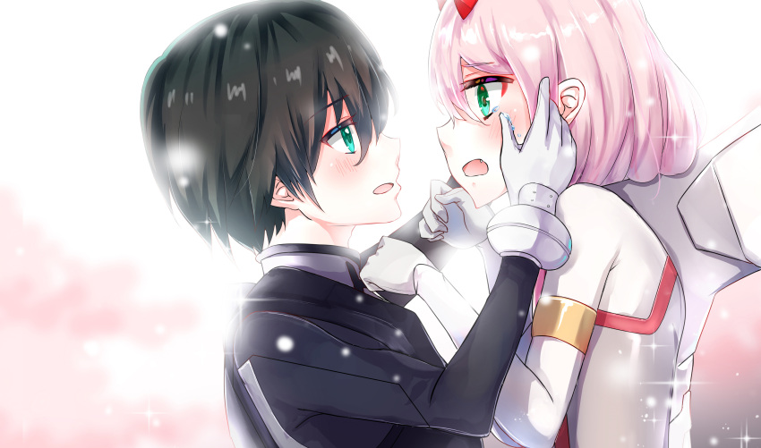 1boy 1girl absurdres bangs black_bodysuit black_hair blush bodysuit commentary_request couple crying crying_with_eyes_open darling_in_the_franxx eyebrows_visible_through_hair face-to-face facing_another fang forehead-to-forehead gloves green_eyes hand_on_another's_face hetero highres hiro_(darling_in_the_franxx) horns long_hair looking_at_another oni_horns open_mouth pilot_suit pink_hair realdragon red_horns short_hair tears white_bodysuit white_gloves zero_two_(darling_in_the_franxx)