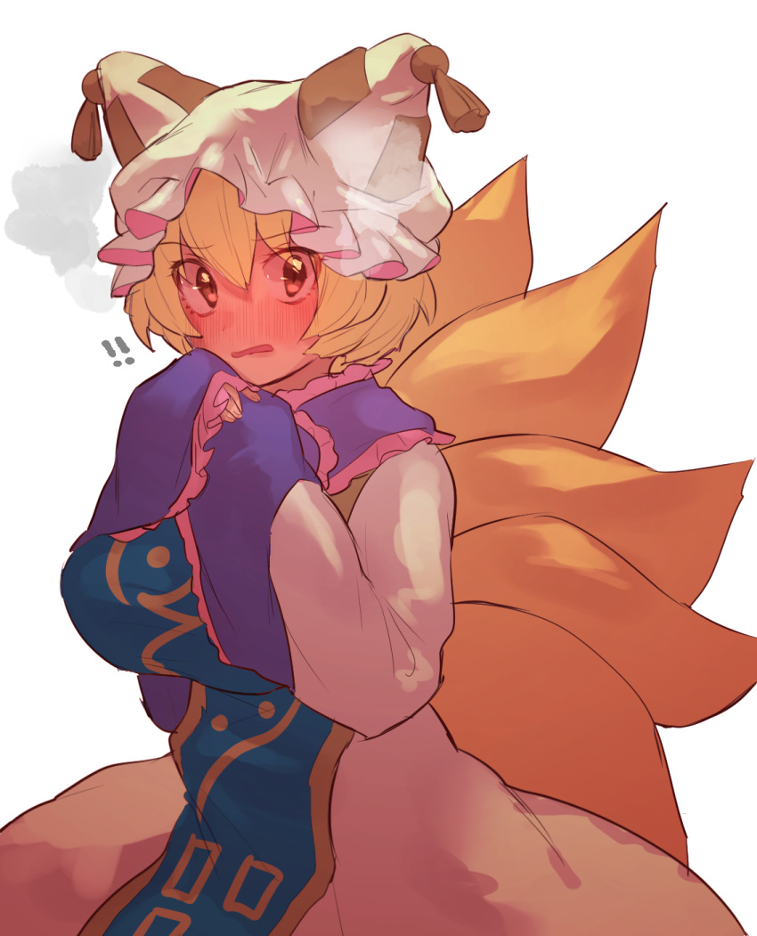 !! 1girl bangs blonde_hair blush breasts brown_eyes dress eyebrows_visible_through_hair fox_tail hair_between_eyes hands_in_sleeves hat highres large_breasts looking_at_viewer masanaga_(tsukasa) mob_cap multiple_tails nose_blush open_mouth short_hair simple_background solo tabard tail touhou white_background white_dress white_hat yakumo_ran