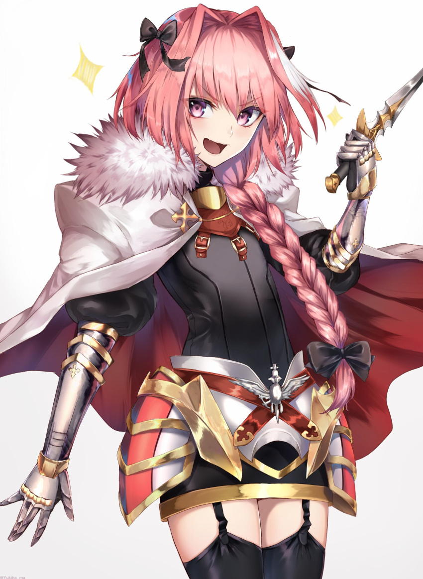 1boy :d armor astolfo_(fate) black_bow black_ribbon bow braid fang fate/apocrypha fate/grand_order fate_(series) faulds fur_trim garter_straps gauntlets gloves hair_intakes hair_ribbon highres holding holding_sword holding_weapon jacket_on_shoulders long_braid male_focus multicolored_hair open_mouth otoko_no_ko pink_hair red_sailor_collar ribbon sailor_collar single_braid smile streaked_hair sword thigh-highs trap violet_eyes weapon yukihama