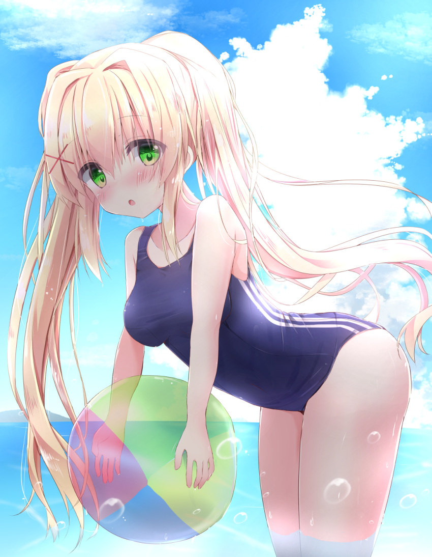 1girl :o ball bangs bare_arms bare_shoulders beachball blue_sky blue_swimsuit blush breasts clouds collarbone commentary_request day eyebrows_visible_through_hair green_eyes hair_between_eyes hair_ornament highres holding holding_ball horizontal_stripes kouda_suzu leaning_forward long_hair looking_at_viewer medium_breasts ocean one-piece_swimsuit outdoors parted_lips sky solo striped summer_pockets swimsuit tsumugi_wenders twintails very_long_hair wading water x_hair_ornament