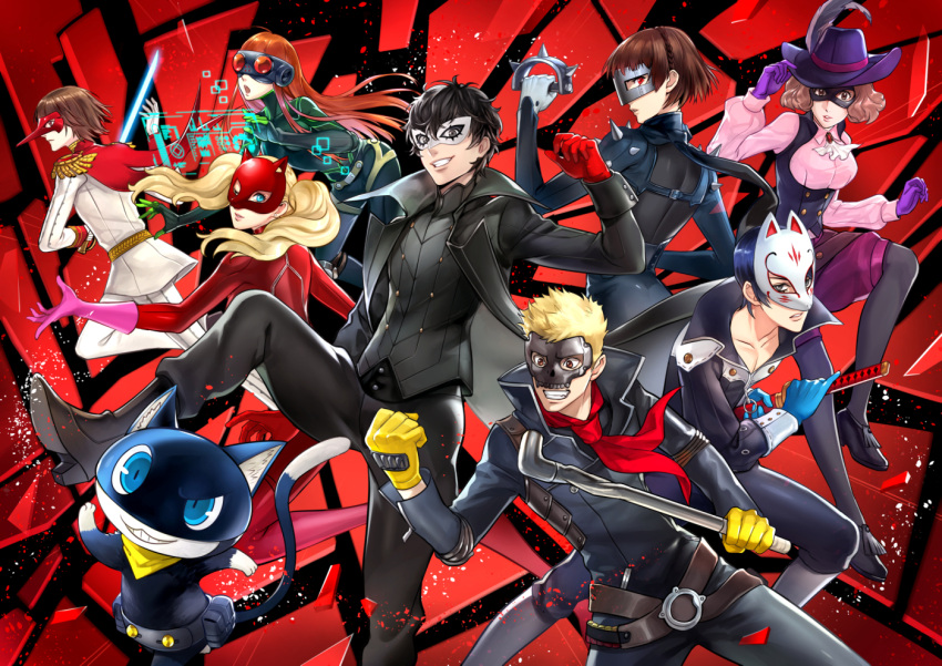 4boys 4girls akechi_gorou amamiya_ren black_footwear black_hair black_legwear black_pants black_shirt blonde_hair blue_eyes blue_gloves blue_hair bodysuit brown_hair capelet cat cat_mask collarbone floating_hair fox_mask gloves goggles grey_gloves grin hat holding holding_sword holding_weapon kitagawa_yuusuke long_hair looking_at_viewer magatsumagic mask morgana_(persona_5) multiple_boys multiple_girls niijima_makoto okumura_haru open_mouth pants pantyhose pantyhose_under_shorts persona persona_5 pink_gloves purple_gloves purple_hat purple_shorts red_bodysuit red_capelet red_eyes red_gloves sakamoto_ryuuji sakura_futaba sheath shirt short_hair shorts skull_mask smile stance sword takamaki_anne twintails unsheathing very_long_hair weapon white_pants yellow_gloves