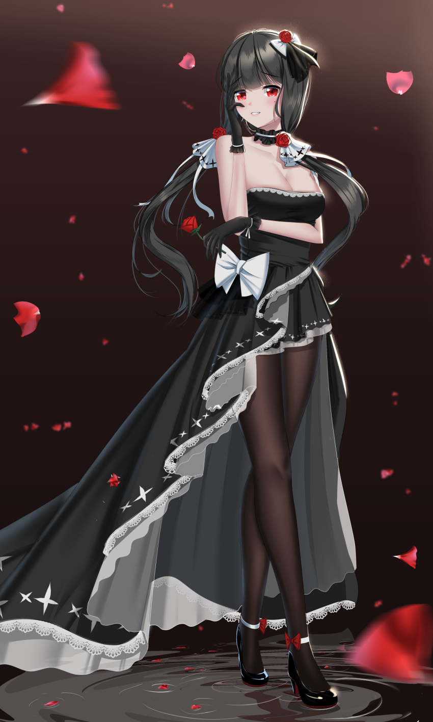 1girl absurdres alternate_costume alternate_eye_color alternate_hair_color azur_lane bangs bare_shoulders black_dress black_footwear black_hair black_legwear blunt_bangs blurry_foreground blush bow_dress breasts choker cleavage dress elbow_gloves eyebrows_visible_through_hair flower full_body gloves hair_ornament hair_ribbon hand_on_own_face head_tilt high_heels highres holding holding_flower illustrious_(azur_lane) large_breasts lazy_guang_guang legs_crossed long_hair looking_at_viewer low_twintails mole mole_under_eye pantyhose parted_lips petals petals_on_liquid red_eyes red_flower red_rose ribbon ripples rose smile strapless strapless_dress twintails watson_cross