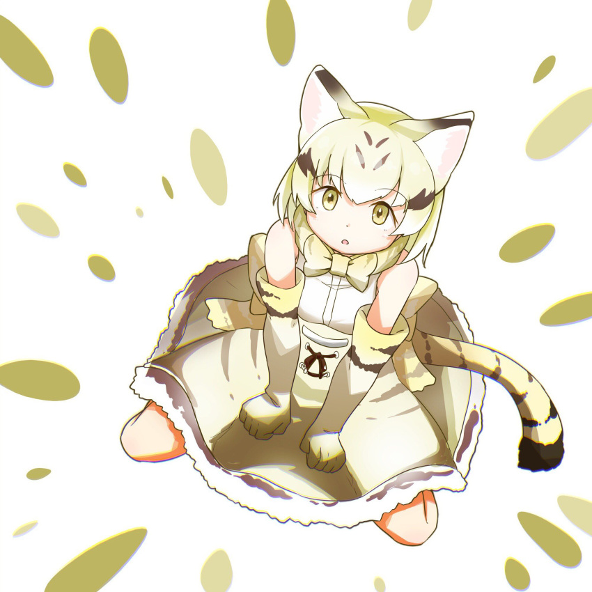 1girl animal_ears blonde_hair bow bowtie cat_ears cat_tail elbow_gloves eyebrows_visible_through_hair from_above gloves high-waist_skirt highres kemono_friends looking_at_viewer looking_up print_gloves print_neckwear print_skirt sand_cat_(kemono_friends) sand_cat_print shirt sitting skirt sleeveless sleeveless_shirt solo tail tamiku_(shisyamo609) wariza white_background white_belt yellow_eyes yellow_gloves yellow_neckwear
