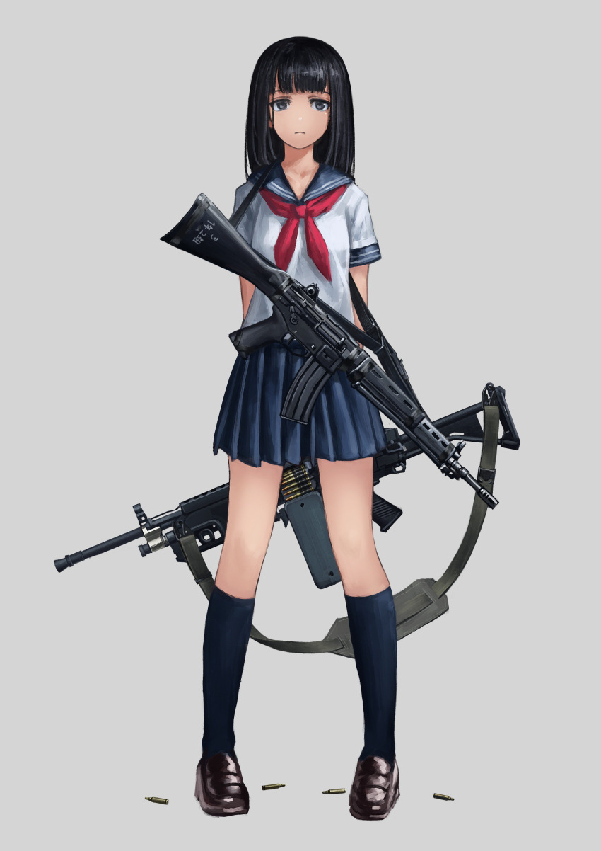 1girl absurdres ammunition_belt arms_behind_back assault_rifle bangs black_eyes black_footwear black_hair black_legwear blouse blue_skirt blunt_bangs carrying closed_mouth frown full_body grey_background gun highres holding kneehighs lain loafers long_hair looking_at_viewer miniskirt neckerchief original pleated_skirt red_neckwear rifle school_uniform serafuku shell_casing shoes short_sleeves simple_background skirt solo standing weapon weapon_request white_blouse