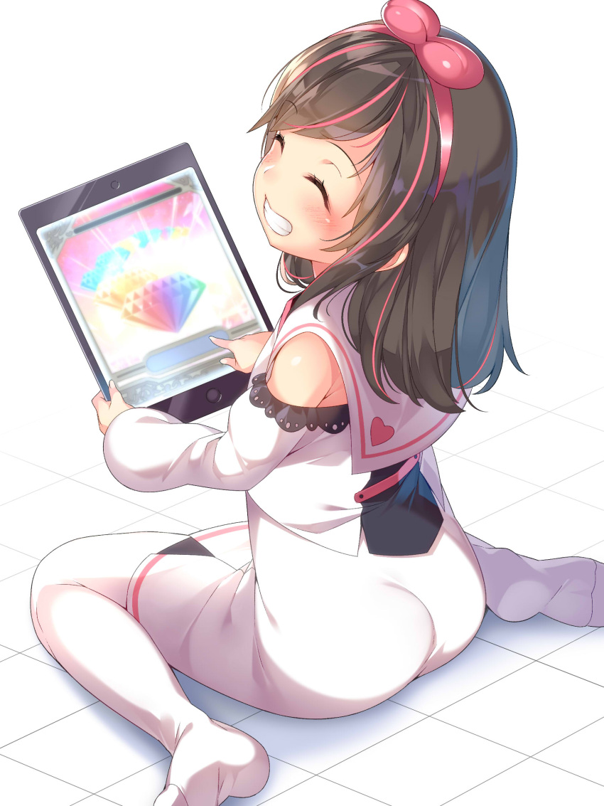1girl ^_^ a.i._channel absurdres bangs bare_shoulders blush brown_hair closed_eyes commentary_request detached_sleeves eyebrows_visible_through_hair facing_viewer fingernails grin highres holding kizuna_ai kokka_han long_hair long_sleeves multicolored_hair nail_polish no_shoes pink_hair puffy_long_sleeves puffy_sleeves sailor_collar shirt sitting skirt smile solo streaked_hair thigh-highs tile_floor tiles virtual_youtuber wariza white_background white_legwear white_nails white_sailor_collar white_shirt white_skirt