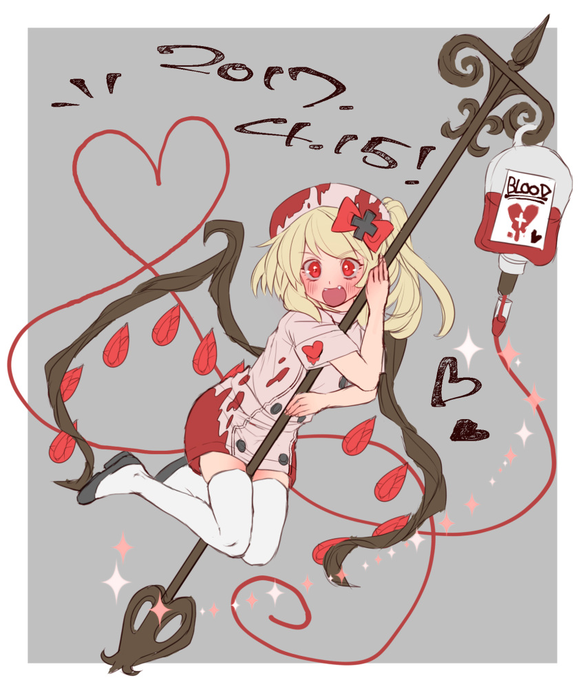 1girl :d alternate_costume between_legs black_footwear blonde_hair blood blood_bag bloody_clothes blush bow dress fangs flandre_scarlet full_body hair_bow hat heart heart_of_string highres laevatein long_hair masanaga_(tsukasa) nurse nurse_cap open_mouth red_bow red_eyes shoes short_sleeves side_ponytail smile solo sparkle thigh-highs touhou white_legwear zettai_ryouiki