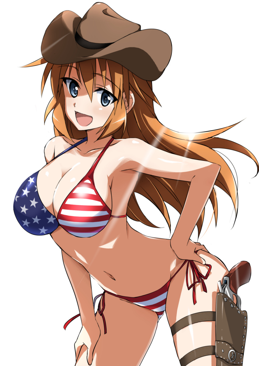 1girl :d absurdres american_flag_bikini arched_back ass_visible_through_thighs bikini blue_eyes breasts charlotte_e_yeager cleavage cowboy_hat cowboy_shot eyebrows_visible_through_hair flag_print gun hair_between_eyes halterneck hand_on_hip hand_on_own_thigh handgun hat highres holster large_breasts leaning_forward long_hair looking_at_viewer open_mouth orange_hair side-tie_bikini sidelocks simple_background smile solo strike_witches string_bikini swimsuit thigh_holster tokiani weapon white_background world_witches_series
