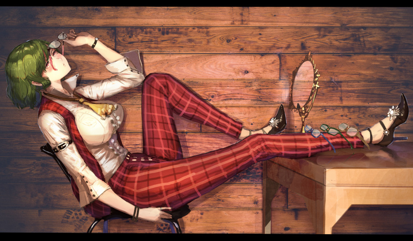 1girl ascot breasts buttons chair collared_shirt eyewear_removed glasses green_hair high_heels highres jewelry kazami_yuuka kikimifukuri mirror pants plaid red_eyes ring shirt sitting table touhou vest watch watch wooden_table wooden_wall