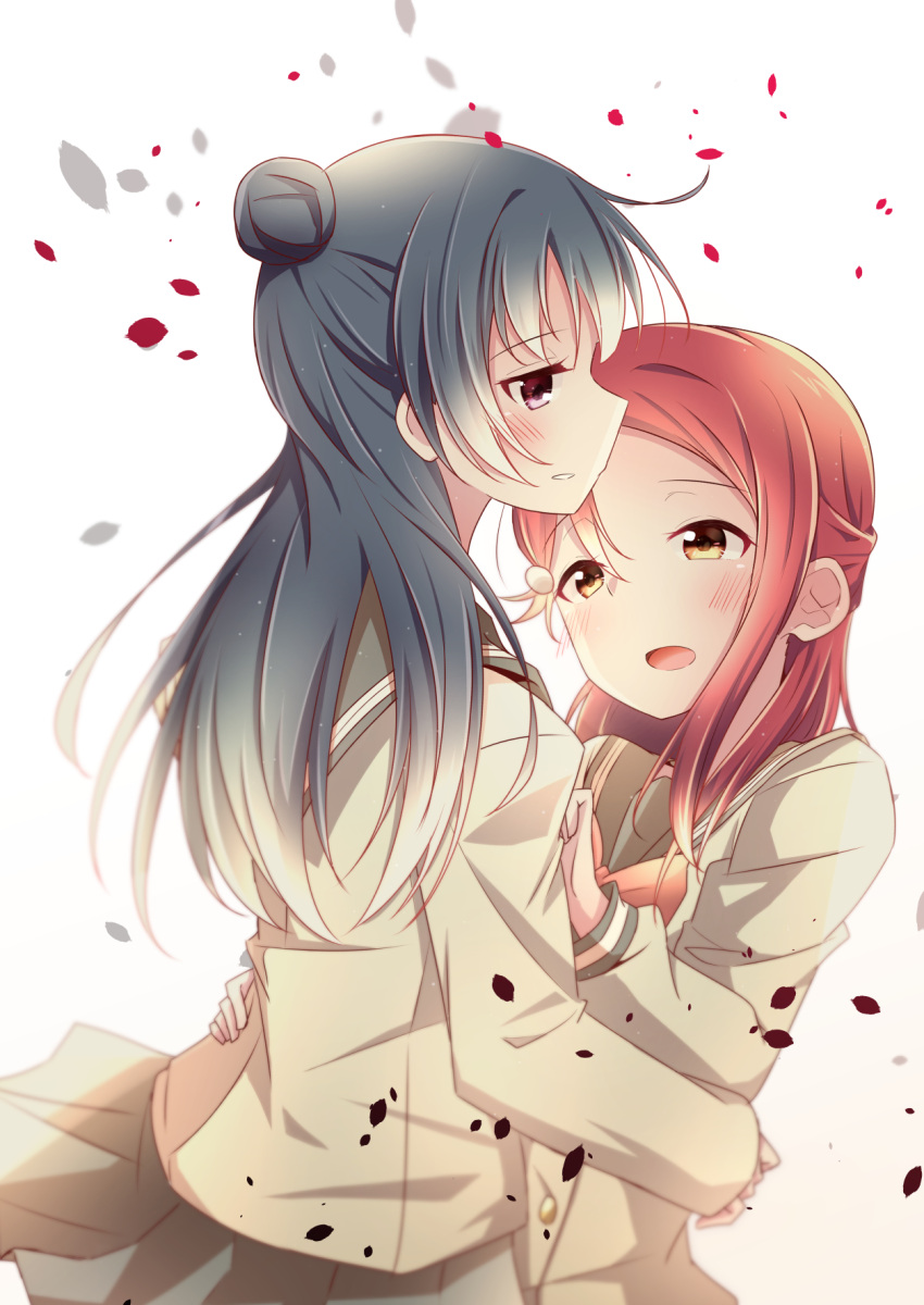 2girls bangs blue_hair blunt_bangs commentary_request hair_bun hair_ornament hairclip half_updo highres ikuma_satsuki long_hair love_live! love_live!_school_idol_project love_live!_sunshine!! multiple_girls redhead sakurauchi_riko school_uniform serafuku side_bun tsushima_yoshiko uranohoshi_school_uniform violet_eyes yellow_eyes yellow_neckwear yuri