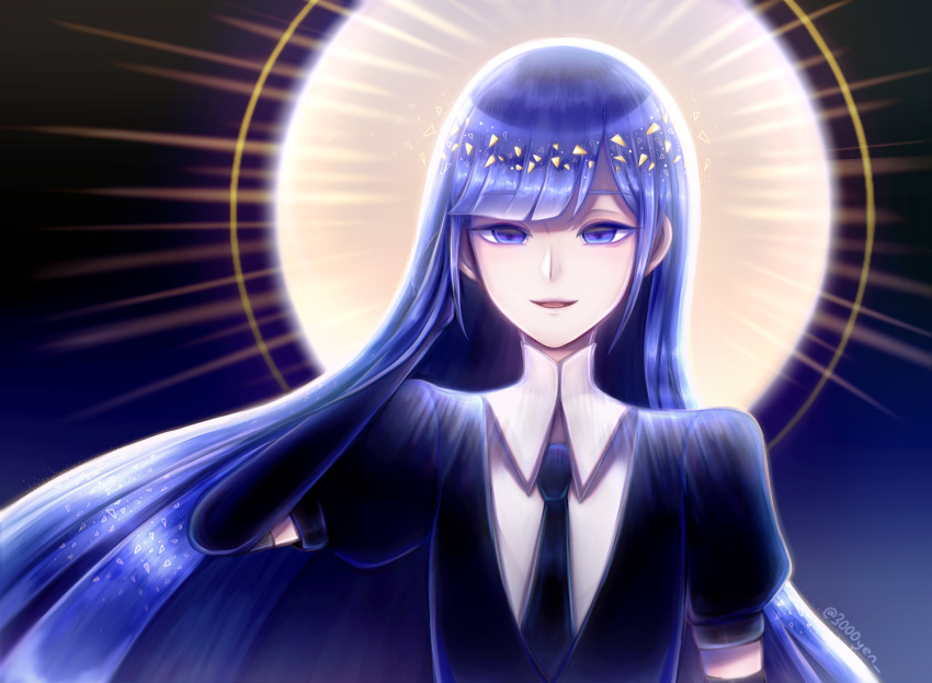 1other 3000yen androgynous blue_eyes blue_hair colored_eyelashes elbow_gloves gem_uniform_(houseki_no_kuni) gloves glowing hand_in_hair hime_cut houseki_no_kuni lapis_lazuli_(houseki_no_kuni) long_hair looking_at_viewer necktie smile solo upper_body