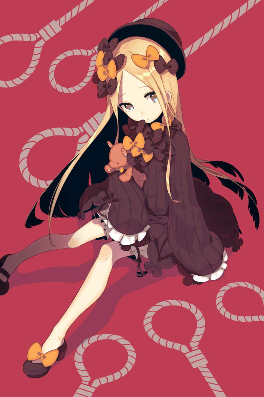 1girl abigail_williams_(fate/grand_order) bangs black_bow black_dress black_hat blonde_hair bloomers blue_eyes bow dress fate/grand_order fate_(series) frilled_dress frills full_body hair_bow hat highres holding holding_stuffed_animal knees_together_feet_apart long_hair looking_at_viewer miitarou noose parted_bangs parted_lips polka_dot polka_dot_bow red_background sitting sleeves_past_wrists slippers solo stuffed_animal stuffed_toy teddy_bear underwear very_long_hair wide_sleeves yellow_bow