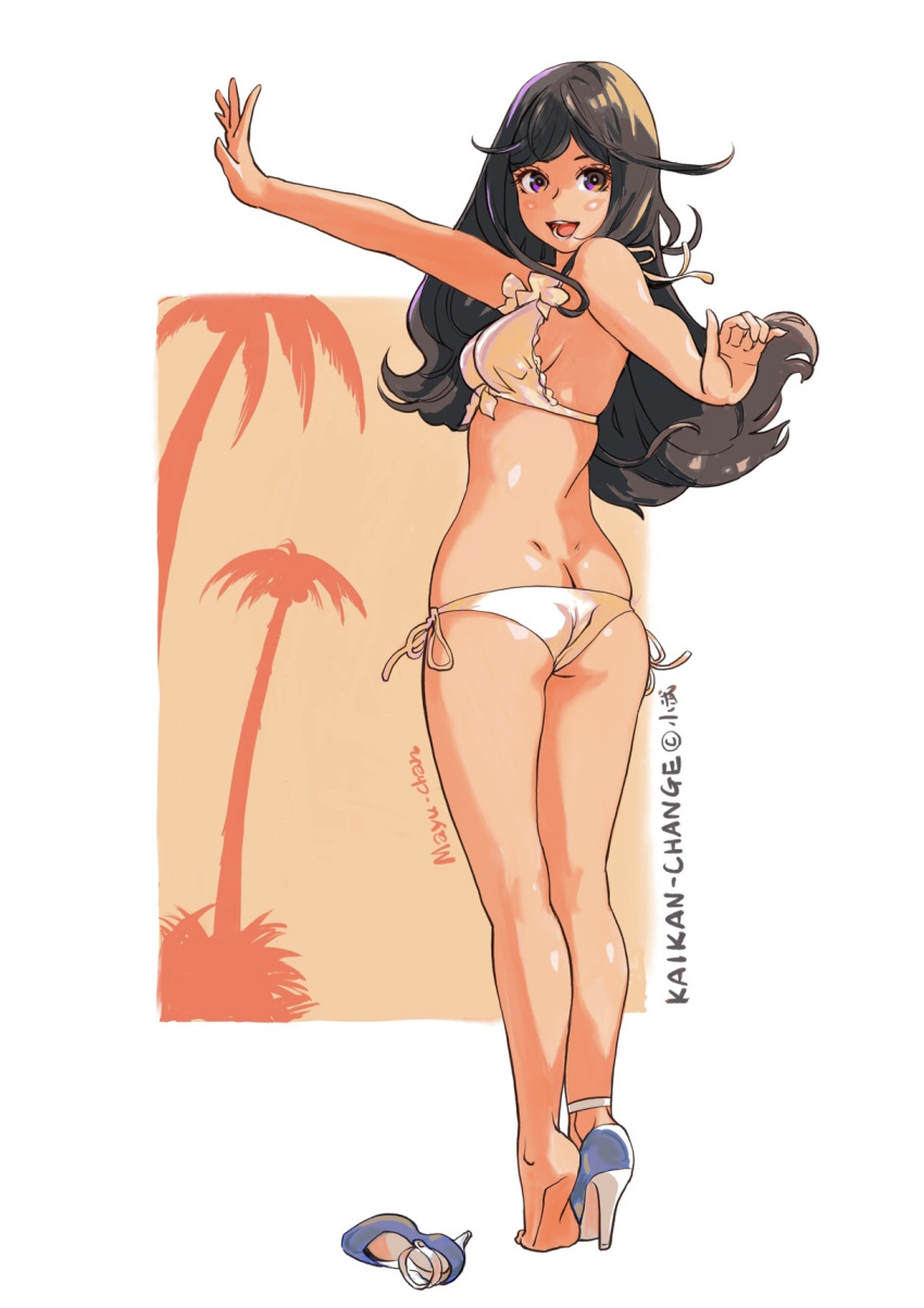 1girl :d artist_name ass barefoot bikini black_hair butt_crack carina_(xiaowoo) commentary_request from_behind full_body high_heels highres looking_at_viewer looking_back open_mouth original outside_border outstretched_arms palm_tree shoes side-tie_bikini side-tie_bottom single_shoe smile soles solo standing swimsuit tiptoes tree violet_eyes white_bikini