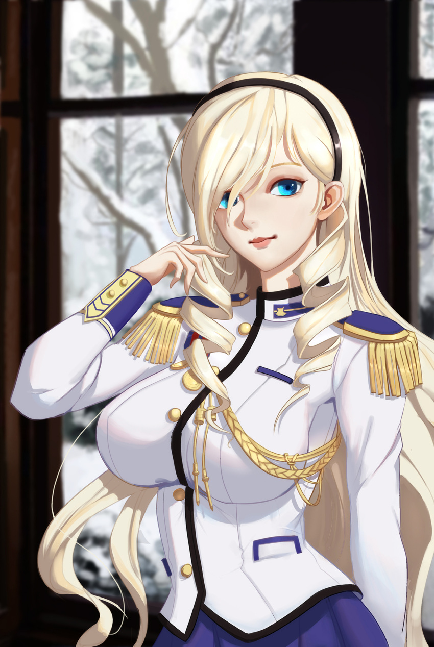 1girl 494468573 aiguillette arm_up blonde_hair blue_eyes breasts celia_kumani_entory drill_hair epaulettes hair_tucking hairband highres indoors large_breasts long_hair military military_uniform pleated_skirt skirt smile snow solo standing uniform very_long_hair walkure_romanze window