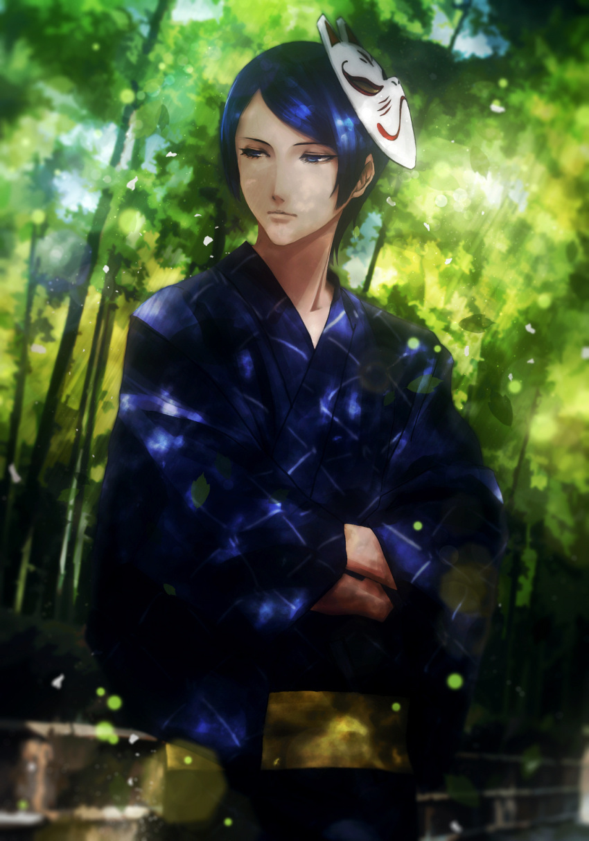 1boy blue_eyes blue_hair blue_kimono crossed_arms forest fox_mask highres japanese_clothes kimono kitagawa_yuusuke looking_away male_focus mask mask_on_head nature outdoors persona persona_5 solo standing