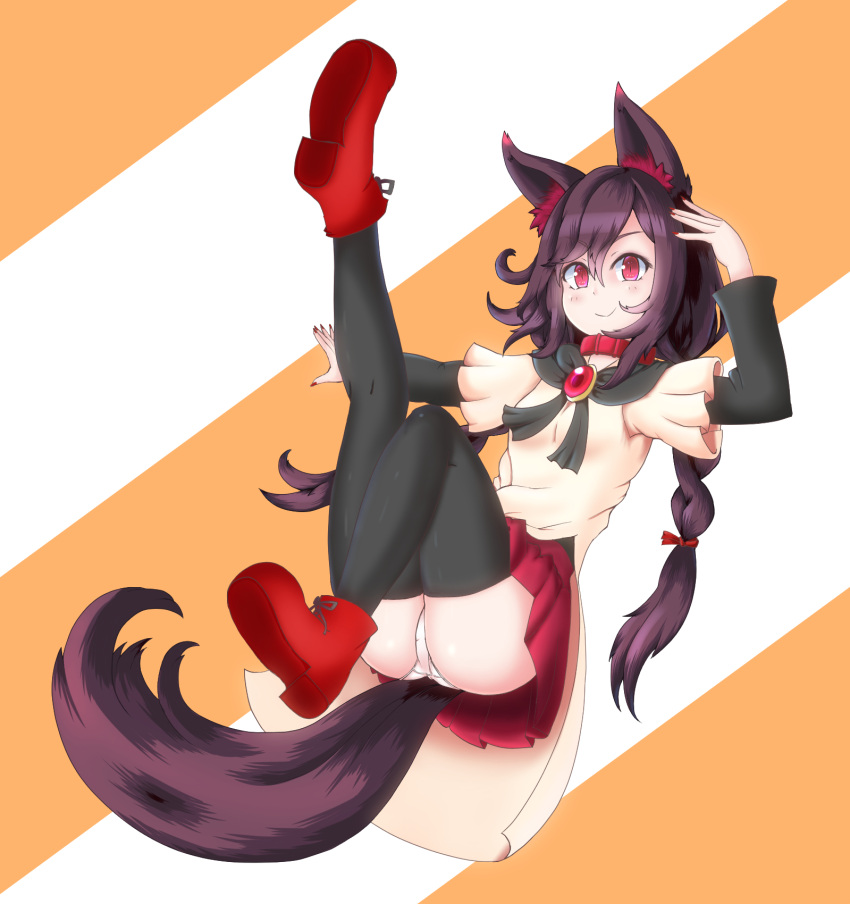 1girl adapted_costume alternate_hairstyle animal_ears brooch full_body haruirokomici highres imaizumi_kagerou jewelry long_hair long_sleeves orange_background panties pantyshot red_eyes red_footwear shirt short_sleeves simple_background skirt smile tail thigh-highs touhou two-tone_background underwear white_background white_panties wolf_ears wolf_tail zettai_ryouiki