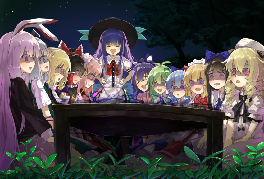 6+girls ^_^ animal_ears antenna_hair ascot bangs bare_arms black_hair black_hat blazer blonde_hair blouse blue_bow blue_eyes blue_hair boots bow bowtie braid brown_eyes brown_hair bun_cover chestnut_mouth chinese_clothes cirno closed_eyes commentary_request debt double_bun dress drill_hair empty_eyes eyebrows_visible_through_hair fang fisheye flower frog_hair_ornament green_eyes green_hair green_skirt green_vest hair_between_eyes hair_bow hair_ornament hair_tubes hakurei_reimu hands_on_hips hat hinanawi_tenshi ibaraki_kasen jacket kirisame_marisa kochiya_sanae konpaku_youmu long_hair luna_child multiple_girls necktie night night_sky no_headwear open_mouth outdoors pink_flower pink_hair pink_rose piyodesu puffy_short_sleeves puffy_sleeves purple_hair rabbit_ears red_bow red_eyes red_neckwear reisen_udongein_inaba rose seiza shaded_face short_hair short_sleeves side_braid silver_hair single_braid sitting skirt skirt_set sky smile standing star_(sky) star_sapphire starry_sky sunny_milk tabard table touhou very_long_hair vest violet_eyes white_blouse wide-eyed wild_and_horned_hermit yellow_eyes yorigami_shion |d