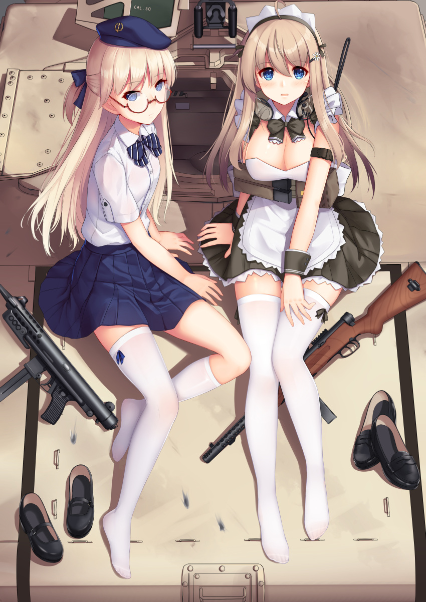2girls absurdres allenes apron beret beretta_model_38 beretta_model_38_(girls_frontline) black_dress black_footwear black_neckwear blonde_hair blue_eyes blue_hat blue_neckwear blue_skirt bow bowtie breasts cleavage collared_shirt commentary_request day diagonal_stripes dress dress_shirt girls_frontline glasses hair_ornament hairclip hat highres loafers long_hair looking_at_viewer maid_headdress mary_janes medium_breasts multiple_girls no_shoes object_namesake outdoors pleated_dress pleated_skirt red-framed_eyewear round_eyewear semi-rimless_eyewear shirt shoes short_sleeves sideways_hat sitting skirt striped striped_neckwear thigh-highs under-rim_eyewear vehicle_request very_long_hair weapon_request white_apron white_legwear white_shirt wrist_cuffs z-62_(girls_frontline)