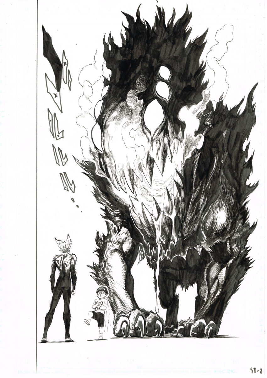 2boys absurdres bodysuit character_request claws garou_(one-punch_man) greyscale highres monochrome monster multiple_boys murata_yuusuke official_art one-punch_man page_number scan sharp_teeth simple_background smoke standing teeth traditional_media trembling white_background work_in_progress