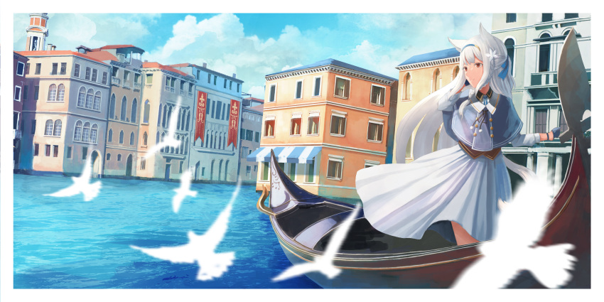 1girl absurdres animal_ears bird black_gloves blue_sky blush closed_mouth day dove eyebrows_visible_through_hair fantasy gloves gondola highres long_hair looking_away original outdoors red_eyes sagiri_(ulpha220) scenery sky smile solo very_long_hair water white_hair