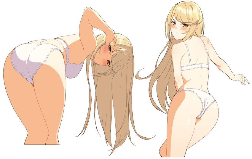 1girl ass bangs bent_over blonde_hair blush bra breasts from_behind hair_tucking highres mythra_(xenoblade) icarus_(632247131) large_breasts long_hair looking_at_viewer looking_back multiple_views panties sidelocks simple_background swept_bangs underwear underwear_only v-shaped_eyebrows white_background white_bra white_panties xenoblade_(series) xenoblade_2 yellow_eyes